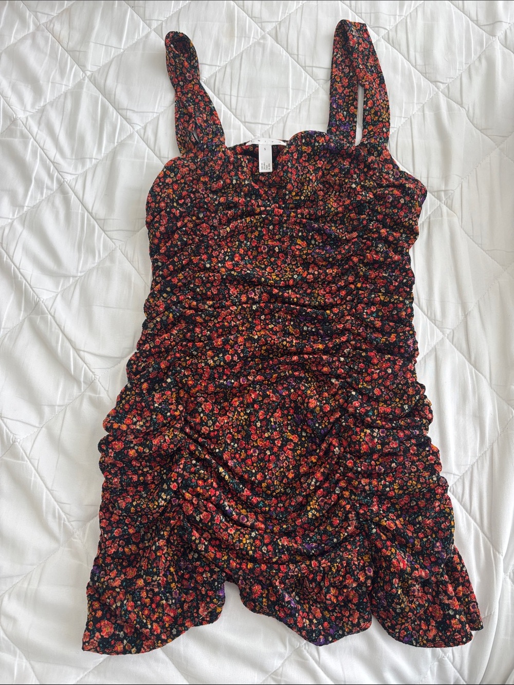 Leith Black Floral Mini Dress with Red, Orange & Purple Accents